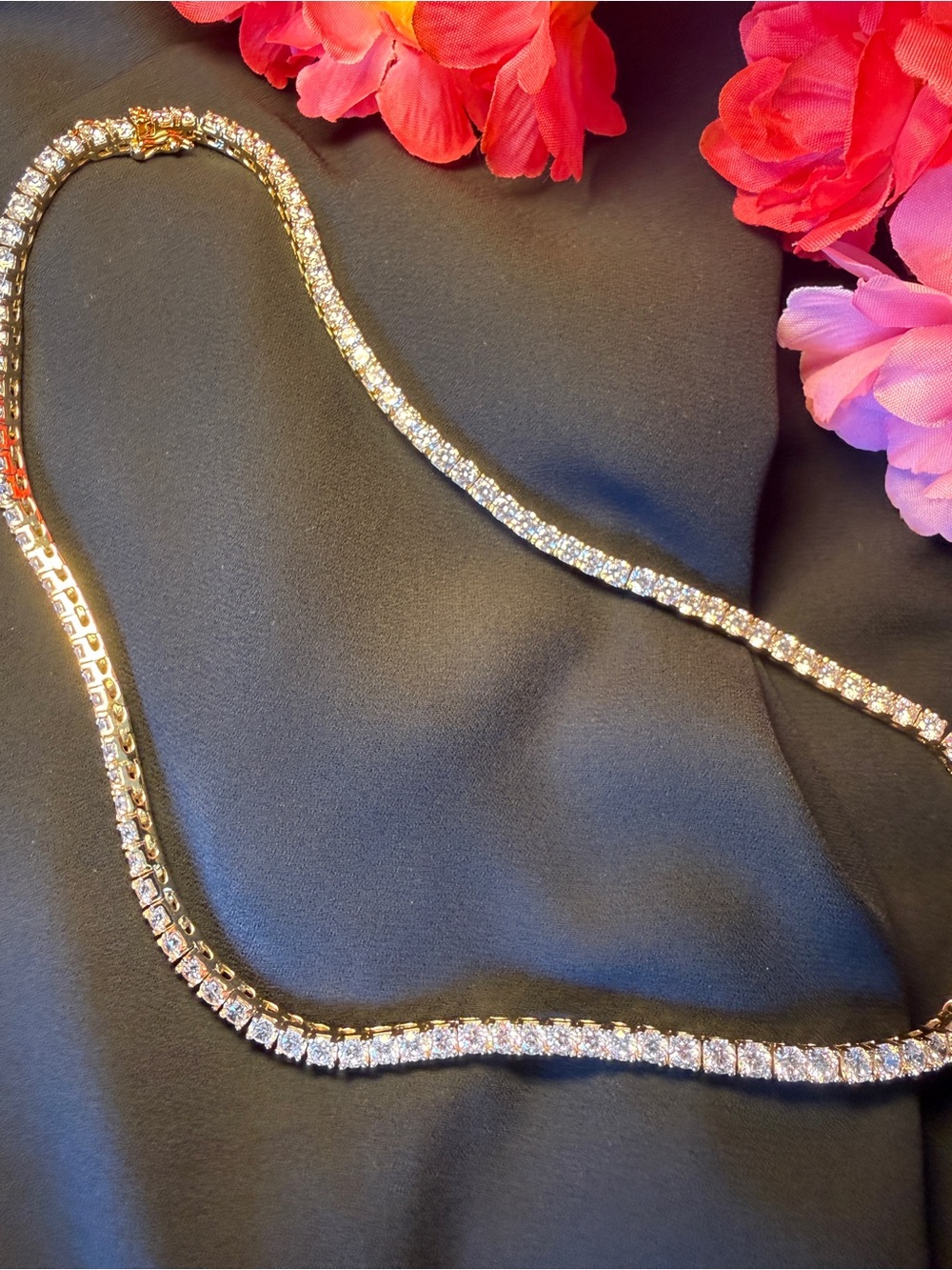 Classic Gold Tennis Necklace with Clear Crystals - Picture 3 of 11